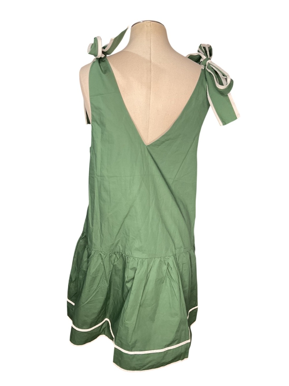 Wenrine Dark Green Drop Waist Mini Dress Size Small Tie Shoulder Bow White Trim - Picture 3 of 6